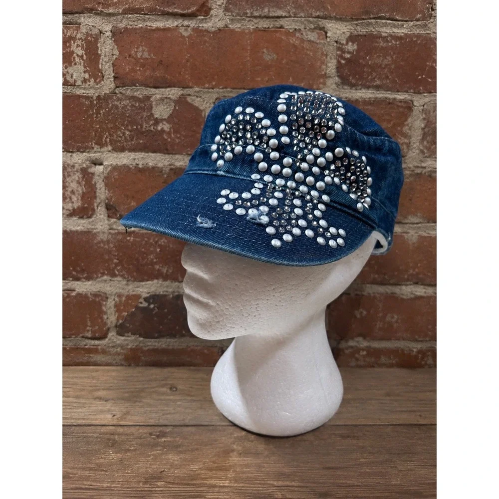 Y2K VTG Denim Fleur De Lis Rhinestone Cadet Hat Military McBling Grunge 2000s